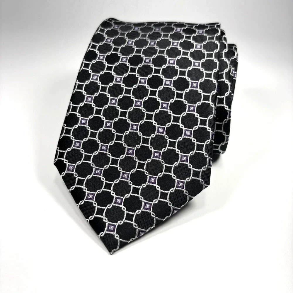 FORSYTH of Canada Mens Luxury Tie Black & Silver Geometric Foulard Silk Repp